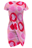 Pink Sexy Print Slit O Neck Wrapped Skirt Dresses