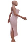 Pink Sexy Solid Color Slit Strapless Wrapped Skirt Dresses