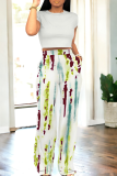 Apricot Casual Print Pocket O Neck Short Sleeve Two Pieces