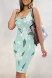Blue Pink Sexy Print Patchwork U Neck Wrapped Skirt Dresses