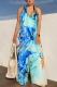 Blue Casual Print Backless Halter Loose Jumpsuits
