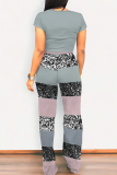 Apricot Casual Print Pocket O Neck Short Sleeve Two Pieces