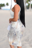 Blue Pink Sexy Print Patchwork U Neck Wrapped Skirt Dresses