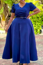 Deep Blue Elegant Solid Color Ruched With Belt V Neck Long Dresses