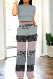 Apricot Casual Print Pocket O Neck Short Sleeve Two Pieces