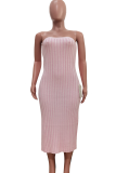 Pink Sexy Solid Color Slit Strapless Wrapped Skirt Dresses