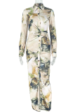 Black Apricot Casual Print Buckle Turndown Collar Long Dresses
