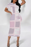 Pink Purple Elegant Print Patchwork Wrapped Skirt Dresses