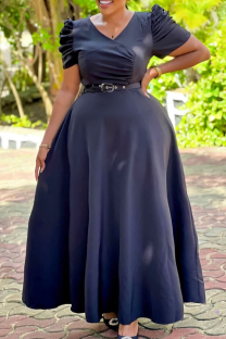Black Elegant Solid Color Ruched With Belt V Neck Long Dresses