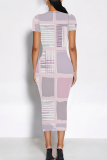 Pink Purple Elegant Print Patchwork Wrapped Skirt Dresses