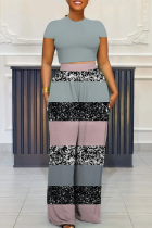 Grey Casual Print Pocket O Neck Short Sleeve Two Pieces