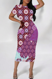 Pink Purple Elegant Print Patchwork Wrapped Skirt Dresses