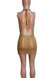 Gold Sexy Solid Color Backless Halter Wrapped Skirt Dresses