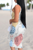 Blue Pink Sexy Print Patchwork U Neck Wrapped Skirt Dresses