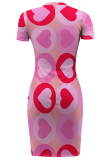 Pink Sexy Print Slit O Neck Wrapped Skirt Dresses