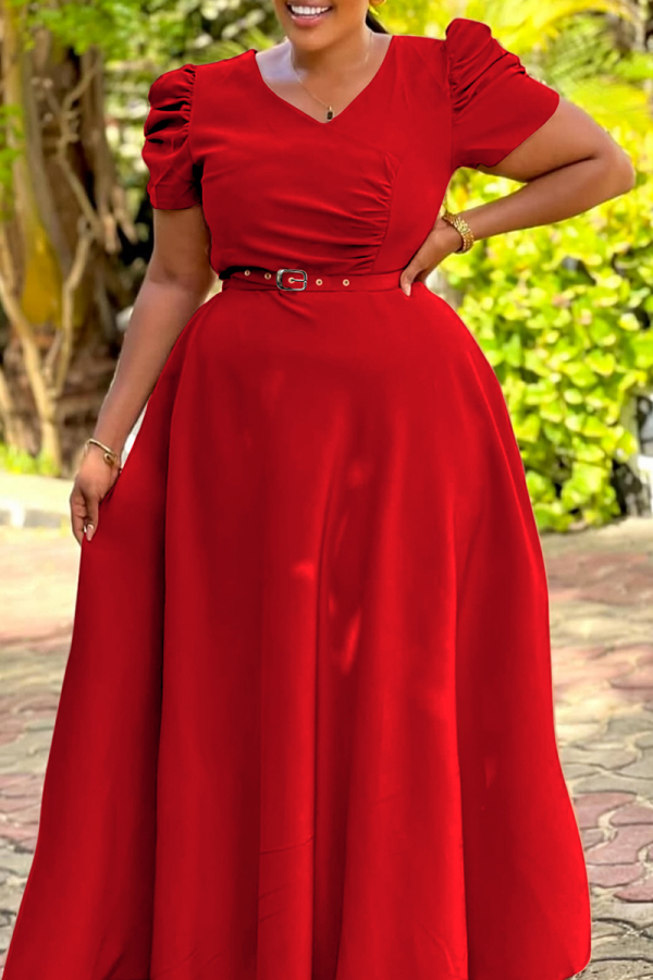 Red Elegant Solid Color Ruched With Belt V Neck Long Dresses