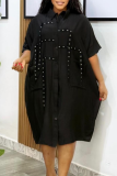 Black Casual Solid Color Pocket Shirt Collar Shirt Dresses