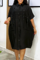 Black Casual Solid Color Pocket Shirt Collar Shirt Dresses