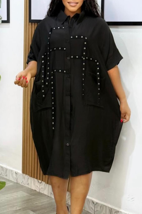 Black Casual Solid Color Pocket Shirt Collar Shirt Dresses