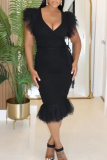 Black Casual Solid Color Strap Design Mesh V Neck Long Dresses