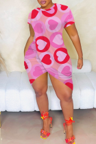 Pink Sexy Print Slit O Neck Wrapped Skirt Dresses