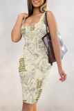 Blue Pink Sexy Print Patchwork U Neck Wrapped Skirt Dresses