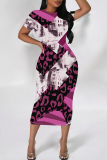 Pink Purple Elegant Print Patchwork Wrapped Skirt Dresses