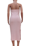 Pink Sexy Solid Color Slit Strapless Wrapped Skirt Dresses