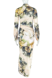 Black Apricot Casual Print Buckle Turndown Collar Long Dresses