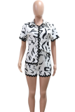 Rose Red Casual Print Irregular Hem Turndown Collar Short Sleeve Two Pieces