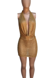 Gold Sexy Solid Color Backless Halter Wrapped Skirt Dresses