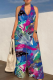 Dark Blue Casual Print Backless Halter Loose Jumpsuits