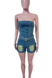 Deep Blue Sexy Solid Color Distressed Pocket Strapless Skinny Denim Jumpsuits