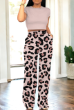 Apricot Casual Print Pocket O Neck Short Sleeve Two Pieces