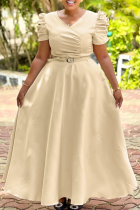 Apricot Elegant Solid Color Ruched With Belt V Neck Long Dresses