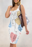 Blue Pink Sexy Print Patchwork U Neck Wrapped Skirt Dresses