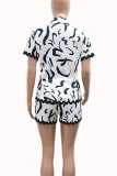 Rose Red Casual Print Irregular Hem Turndown Collar Short Sleeve Two Pieces
