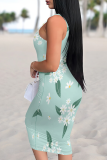 Blue Pink Sexy Print Patchwork U Neck Wrapped Skirt Dresses