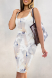 Blue Pink Sexy Print Patchwork U Neck Wrapped Skirt Dresses
