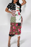 Pink Purple Elegant Print Patchwork Wrapped Skirt Dresses