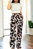 Apricot Casual Print Pocket O Neck Short Sleeve Two Pieces