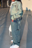Blue Casual Solid Color Patchwork Mid Waist Loose Denim Jeans