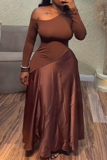 Brown Casual Solid Color Patchwork Oblique Collar Long Dresses