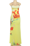 Yellow Sexy Print Backless Spaghetti Strap Sling Dresses