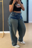 Blue Casual Solid Color Patchwork Mid Waist Loose Denim Jeans