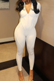 White Casual Hollow Out Zipper Zipper Collar Skinny Jumpsuits