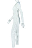 White Casual Hollow Out Zipper Zipper Collar Skinny Jumpsuits