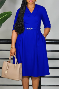 Royal Blue Elegant Solid Color With Belt V Neck Long Dresses