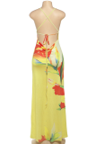Yellow Sexy Print Backless Spaghetti Strap Sling Dresses