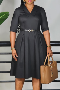 Black Elegant Solid Color With Belt V Neck Long Dresses